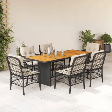 Ensemble à manger de jardin coussins 7pcs Noir Résine tressée