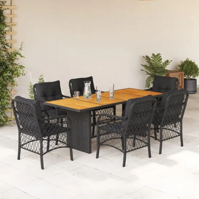 Ensemble à manger de jardin coussins 7pcs Noir Résine tressée