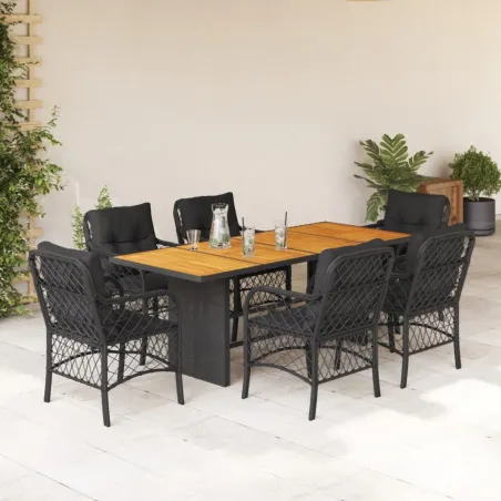 Ensemble à manger de jardin coussins 7pcs Noir Résine tressée