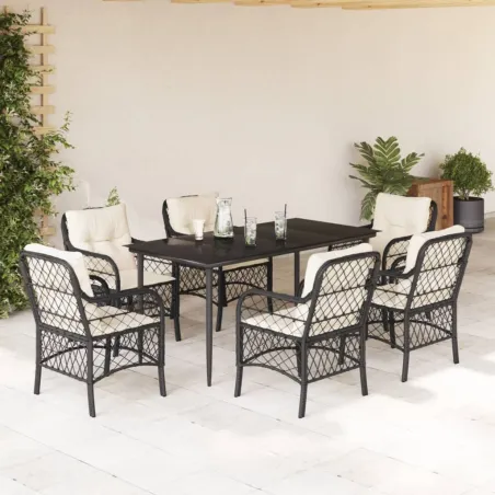 Ensemble à manger de jardin coussins 7pcs Noir Résine tressée