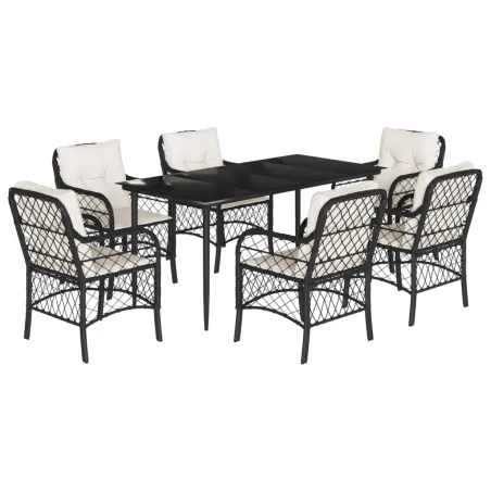 Ensemble à manger de jardin coussins 7pcs Noir Résine tressée