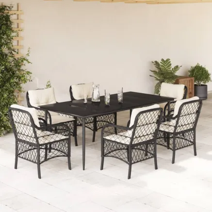 Ensemble à manger de jardin coussins 7pcs Noir Résine tressée