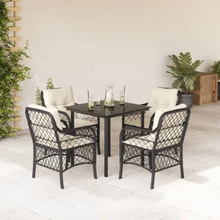 Ensemble à manger de jardin coussins 5pcs Noir Résine tressée