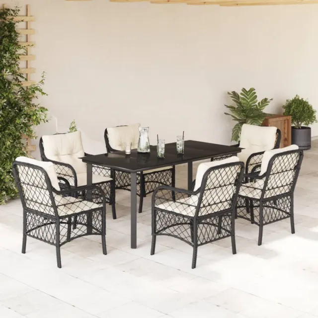 Ensemble à manger de jardin coussins 7pcs Noir Résine tressée