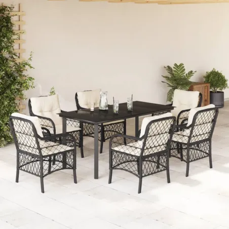 Ensemble à manger de jardin coussins 7pcs Noir Résine tressée