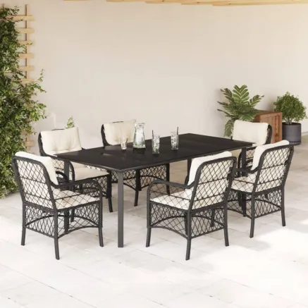 Ensemble à manger de jardin coussins 7pcs Noir Résine tressée