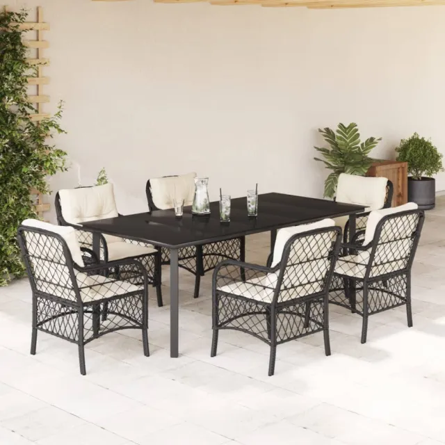 Ensemble à manger de jardin coussins 7pcs Noir Résine tressée