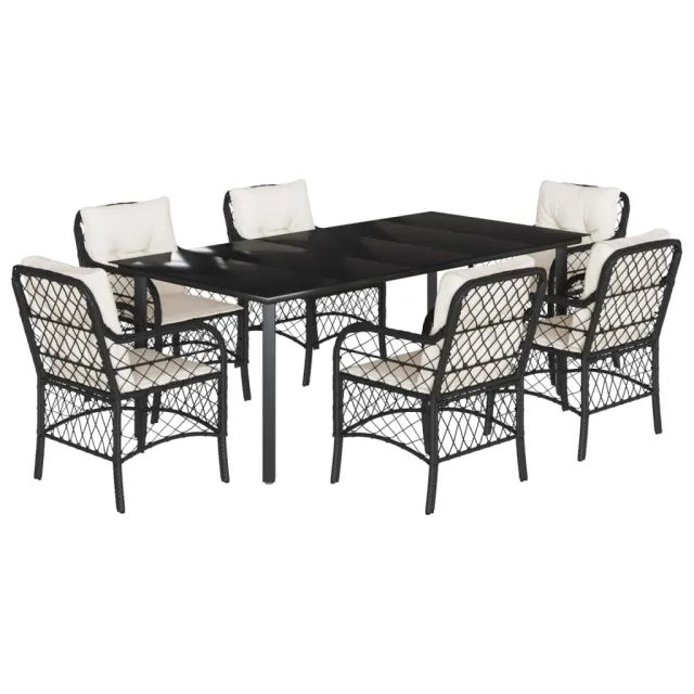Ensemble à manger de jardin coussins 7pcs Noir Résine tressée