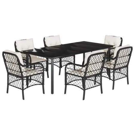 Ensemble à manger de jardin coussins 7pcs Noir Résine tressée