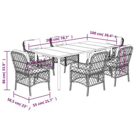 Ensemble à manger de jardin coussins 7pcs Noir Résine tressée