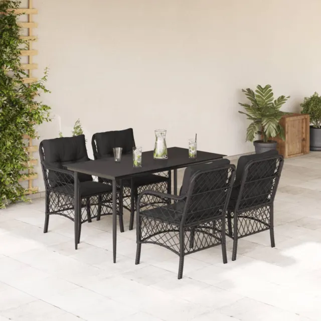 Ensemble à manger de jardin coussins 5pcs Noir Résine tressée