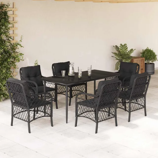 Ensemble à manger de jardin coussins 7pcs Noir Résine tressée