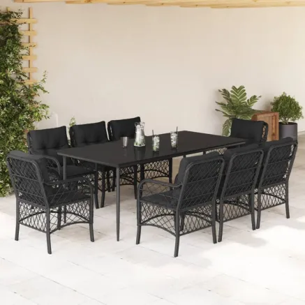 Ensemble à manger de jardin 9pcs coussins noir résine tressée