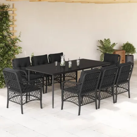 Ensemble à manger de jardin 9pcs coussins noir résine tressée