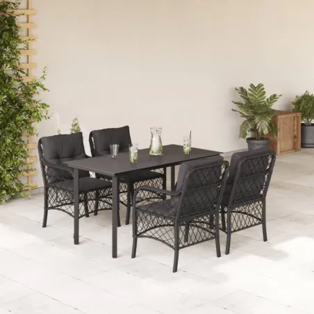 Ensemble à manger de jardin coussins 5pcs Noir Résine tressée