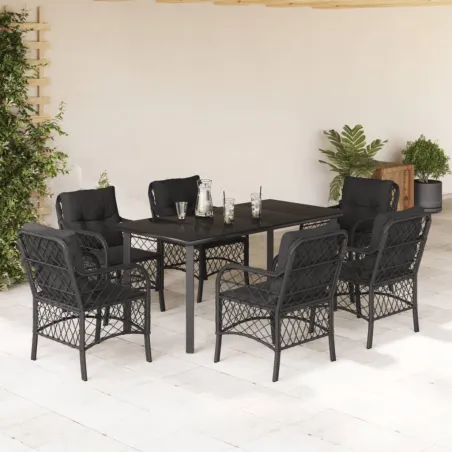 Ensemble à manger de jardin coussins 7pcs Noir Résine tressée