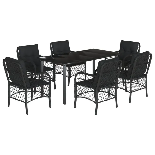 Ensemble à manger de jardin coussins 7pcs Noir Résine tressée