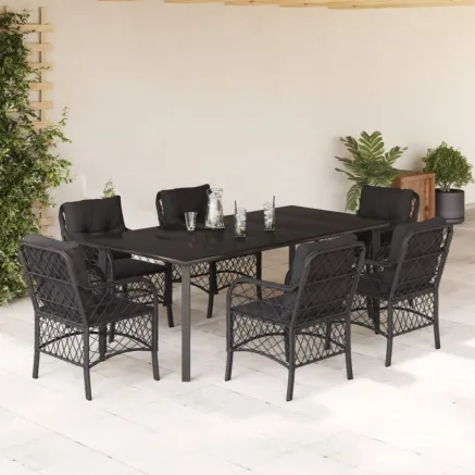 Ensemble à manger de jardin coussins 7pcs Noir Résine tressée