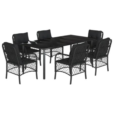 Ensemble à manger de jardin coussins 7pcs Noir Résine tressée
