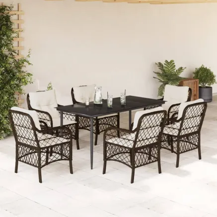 Ensemble à manger de jardin et coussins 7 pcs marron rotin