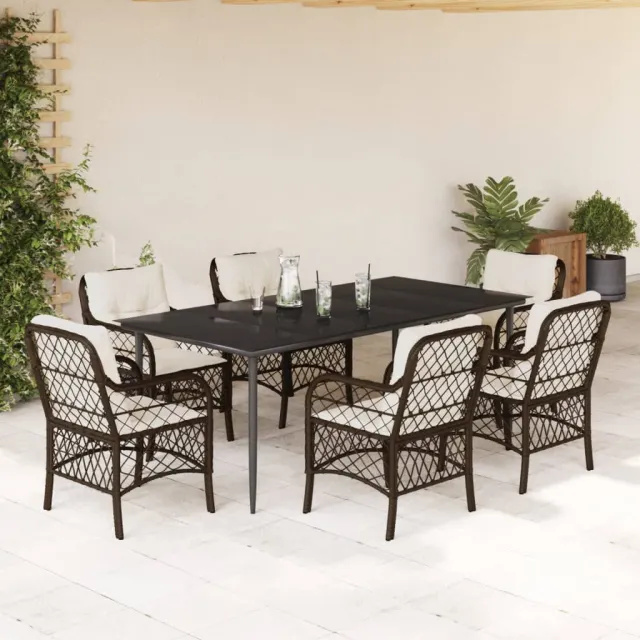 Ensemble à manger de jardin et coussins 7 pcs marron rotin