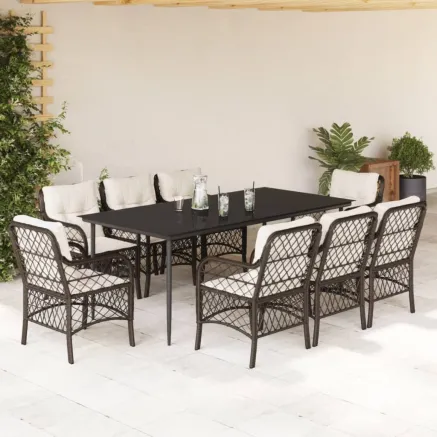 Ensemble à manger de jardin et coussins 9 pcs marron poly rotin