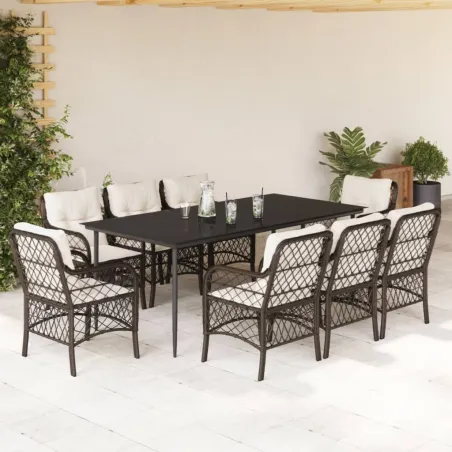 Ensemble à manger de jardin et coussins 9 pcs marron poly rotin