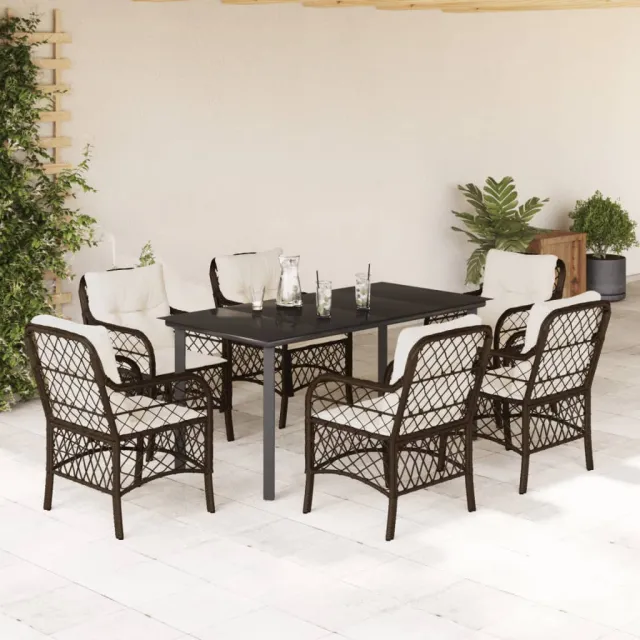 Ensemble à manger de jardin et coussins 7 pcs marron rotin
