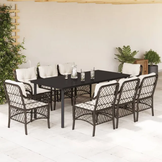 Ensemble à manger de jardin et coussins 9 pcs marron poly rotin