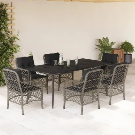 Ensemble à manger de jardin et coussins 7 pcs gris rotin