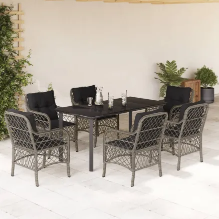 Ensemble à manger de jardin et coussins 7 pcs gris rotin