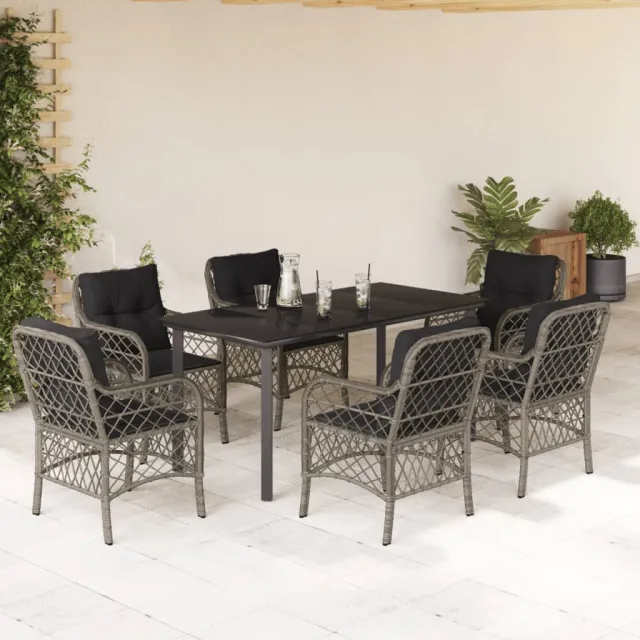 Ensemble à manger de jardin et coussins 7 pcs gris rotin