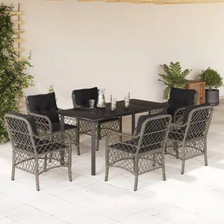 Ensemble à manger de jardin et coussins 7 pcs gris rotin