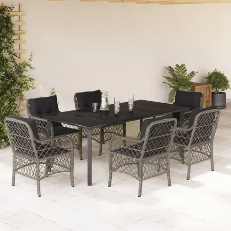 Ensemble à manger de jardin et coussins 7 pcs gris rotin