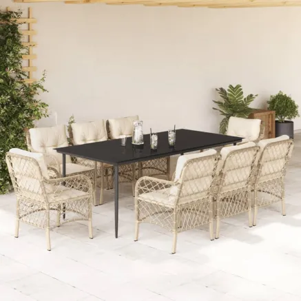 Ensemble à manger de jardin et coussins 9 pcs beige Poly rotin