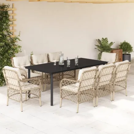 Ensemble à manger de jardin et coussins 9 pcs beige Poly rotin