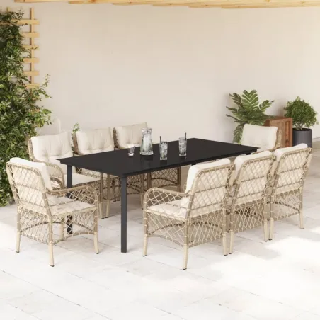 Ensemble à manger de jardin et coussins 9 pcs beige Poly rotin