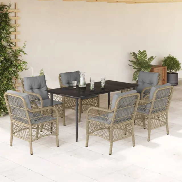 Ensemble à manger de jardin coussins 7 pcs mélange beige rotin