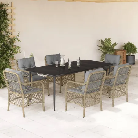 Ensemble à manger de jardin coussins 7 pcs mélange beige rotin