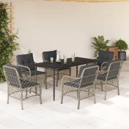Ensemble à manger de jardin et coussins 7 pcs gris clair rotin