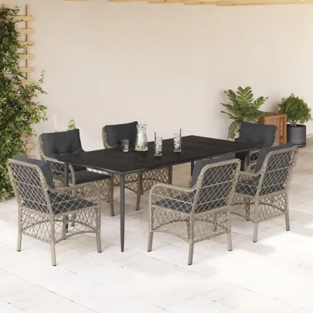 Ensemble à manger de jardin et coussins 7 pcs gris clair rotin