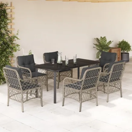 Ensemble à manger de jardin et coussins 7 pcs gris clair rotin