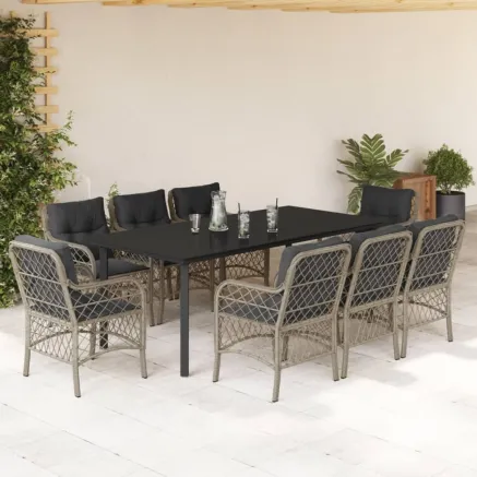 Ensemble à manger de jardin et coussins 9 pcs gris clair rotin