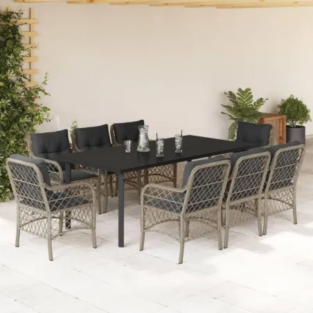 Ensemble à manger de jardin et coussins 9 pcs gris clair rotin