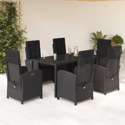 Ensemble à manger de jardin coussins 7pcs Noir Résine tressée
