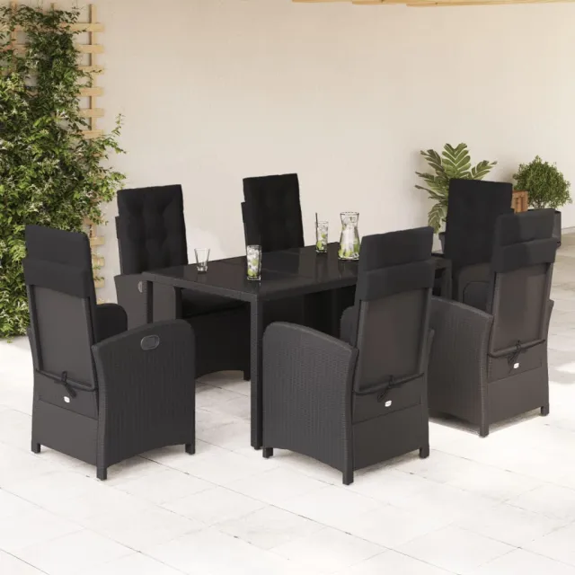 Ensemble à manger de jardin coussins 7pcs Noir Résine tressée