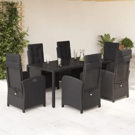 Ensemble à manger de jardin coussins 7pcs Noir Résine tressée