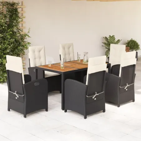 Ensemble à manger de jardin coussins 7pcs Noir Résine tressée