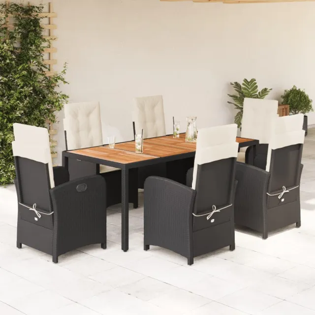 Ensemble à manger de jardin coussins 7pcs Noir Résine tressée