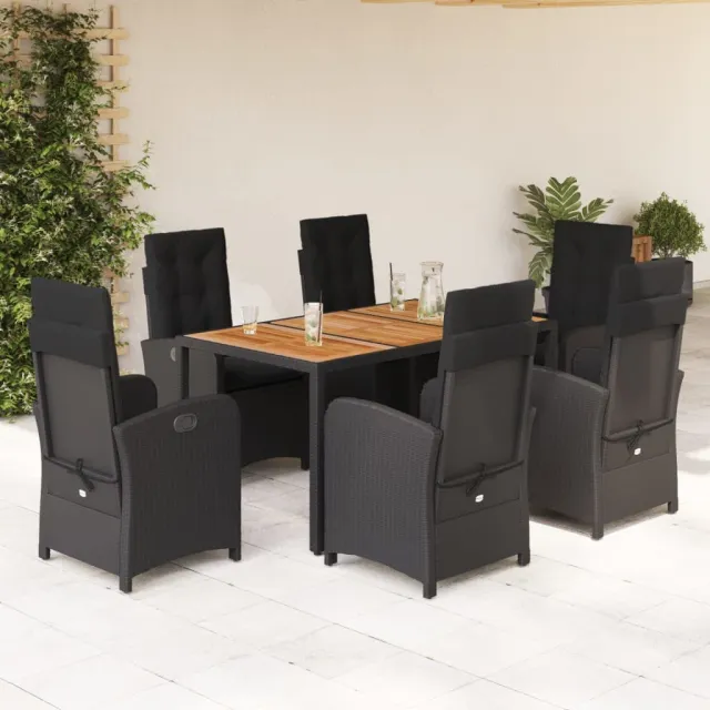 Ensemble à manger de jardin coussins 7pcs Noir Résine tressée